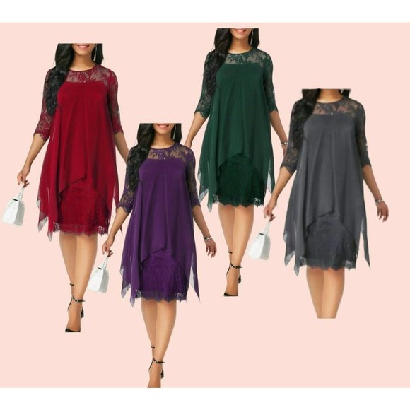 Elegant 3/4 Sleeve Lace Chiffon Layered Dress sizes S-M-L-XL-2X